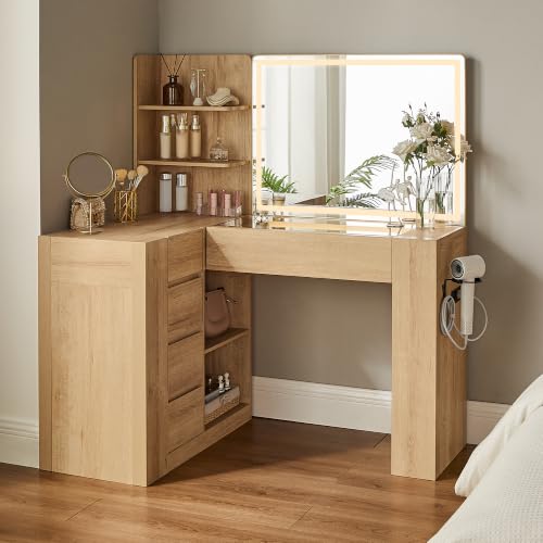 48" Makeup Vanity Desk with Mirror and Lights, Glass Top, Natural Oak, view 2