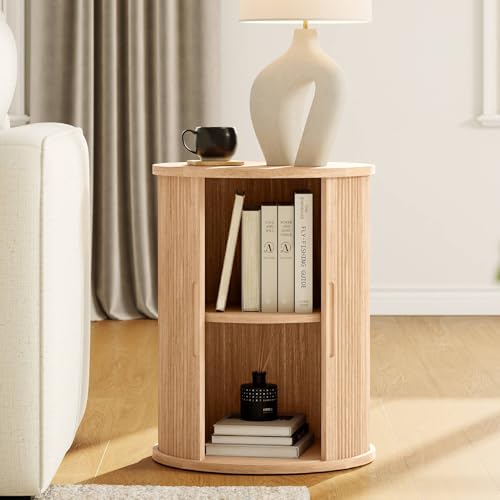 Round Fluted End Table, Tall Side Table with Sliding Tambour Door and Storage Shelf, Modern Bedside Table, Mid-Century Nightstand for Living Room, Bedroom, Oak