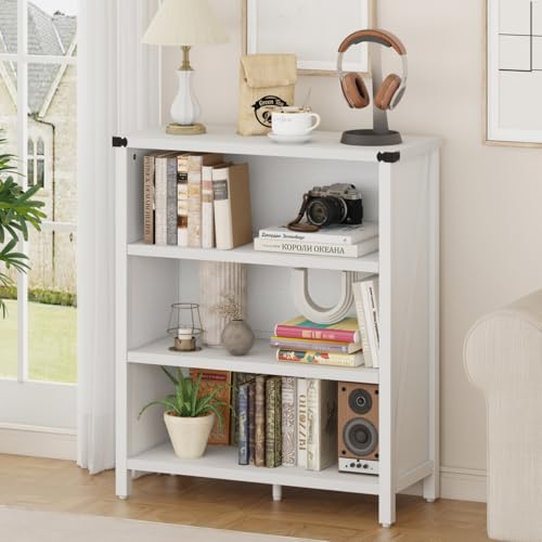 White Bookshelf, 3-Tier Wooden Bookcase with Adjustable Shelves, Small Farmhouse Floor Book Cases/Shelves with Open Storage for Home Office School Library Bedroom Kids