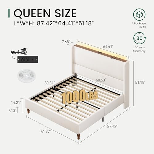 Queen Size Bed Frame with LED Lights and Charging Station Linen Upholstered, view 3