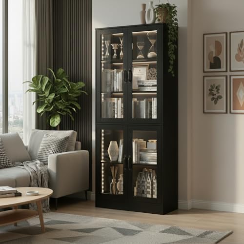 Modern Black 5-Tier Display Cabinet with Glass Doors and LED Lights, 65" Tall Storage Bookshelf, 4-Door Freestanding Curio Cabinet for Living Room, Home Office