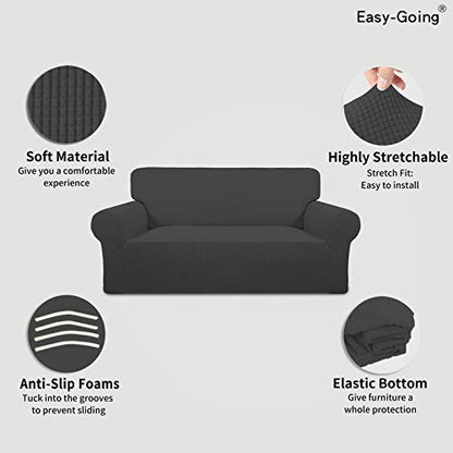 Stretch Loveseat Slipcover 1-Piece Sofa Cover Furniture Protector Couch Soft with Elastic Bottom for Kids Polyester Spandex Jacquard Fabric Small Checks (Loveseat, Dark Gray)