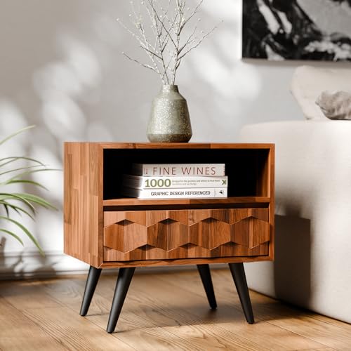 Georgina Solid Wood Nightstand with 1 Drawer & Open Shelf- Fully Assembled Mid Century Modern Side Table - Geometric Pattern Bedside Dresser for Bedroom and Living Room, Dark Chocolate