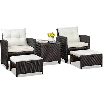 5 Pieces Patio Furniture Set, Outdoor Wicker Patio Conversation Set with Ottoman, All Weather Rattan Outside Chairs with Coffee Table & Cushion for Porch, Garden, Backyard, Beige