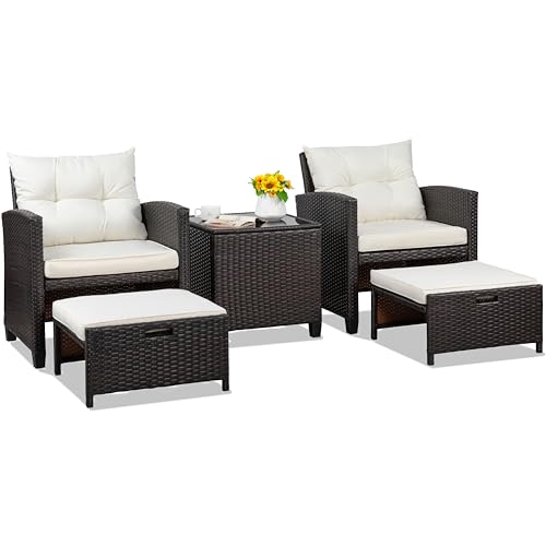 5 Pieces Patio Furniture Set, Outdoor Wicker Patio Conversation Set with Ottoman, All Weather Rattan Outside Chairs with Coffee Table & Cushion for Porch, Garden, Backyard, Beige