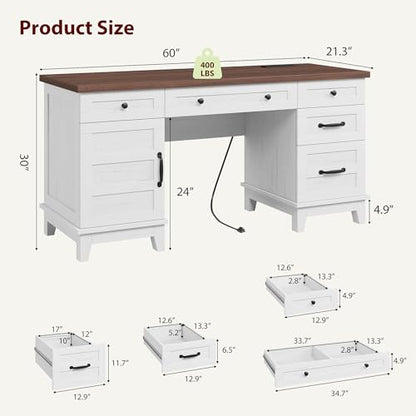 60" Wooden Home Office Desk with File Drawers, Executive Desk with Adjustable Cabinet, Farmhouse Wood Desk with Power Outlet, Distressed Study and Work Table, Rustic White