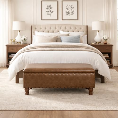 Home Decor | Upholstered Bench with Nailhead Trim | Large Faux Leather Ottoman with Storage for Living Room & Bedroom | Decorative Home Furniture, Brown Faux Leather