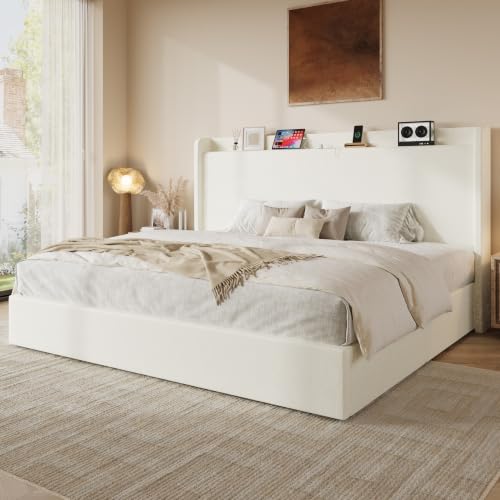 King Size Bed Frame, Chenille Storage Headboard and USB, White, view 4