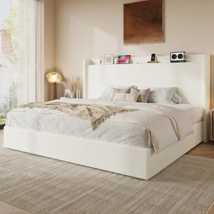 King Size Bed Frame, Chenille Storage Headboard and USB, White, view 4