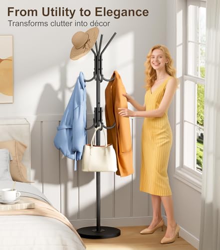 Heavy Duty Coat Rack Freestanding with Stable Wood Base Modern Coat Tree with, view 6
