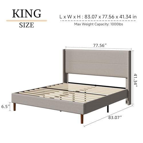 King Size Linen Platform Bed Frame with Wingback Upholstered Headboard, view 3