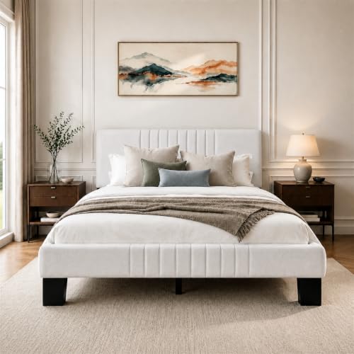 Queen Upholstered Platform Bed Frame with Adjustable Padded Headboard, view 2