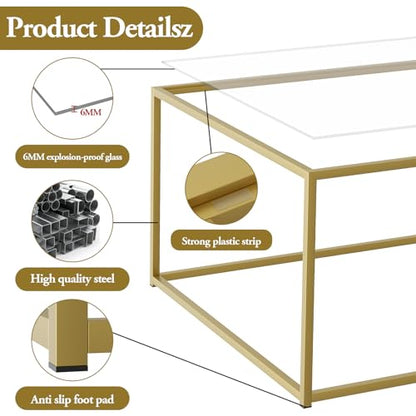 Glass Coffee Table, Small Square Coffee Table for Living Room,Simple Modern Center Tables for Small Spaces, Gold Living Room Tea Tables Easy Assembly,26 * 26in（Gold & Clear Glass）