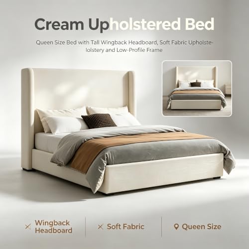 Queen Carmen Wingback Platform Bed 54" High Ivory Canvas Upholstered Headboard, view 5