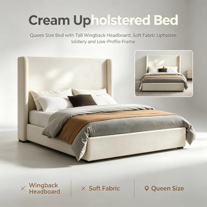 Queen Carmen Wingback Platform Bed 54" High Ivory Canvas Upholstered Headboard, view 5