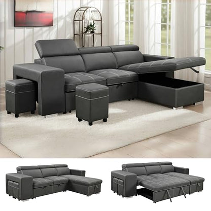 Charcoal Grey L-Shaped Sofa with Pullout Bed and Storage, view 2