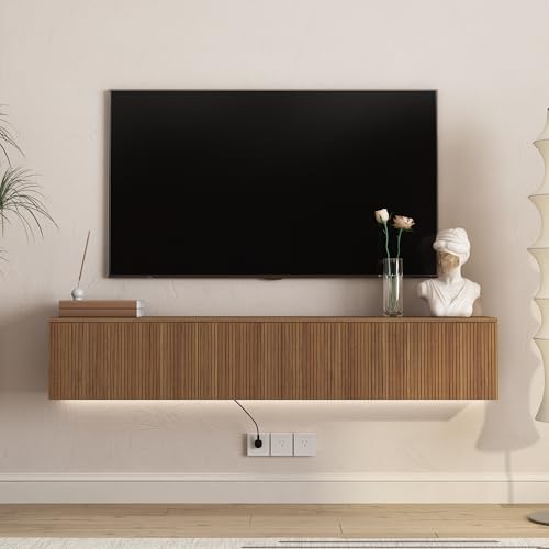 65" Floating TV Stand Wall Mounted with 16 Color LEDs & Power Outlets for TVs, view 2