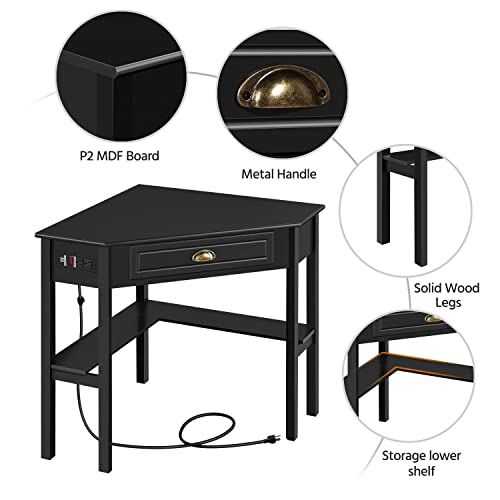 Yaheetech L Shaped Computer Desk Corner Table with Charging Station Outlets for Small Space, 90 Degree Triangle Desk Home Office Table with Drawer and Storage Shelf for Workstation, Living Room, Black