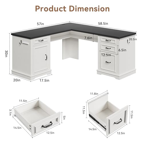 Farmhouse L Shaped Executive Desk with 4 Drawers, Home Office Desk with Hidden Under-Desk Storage Shelf and Charging Station, File Cabinet Storage, Wood Corner Computer Desk for Work(White+Black)