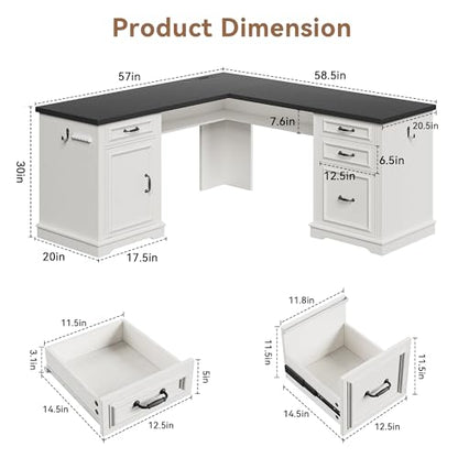 Farmhouse L Shaped Executive Desk with 4 Drawers, Home Office Desk with Hidden Under-Desk Storage Shelf and Charging Station, File Cabinet Storage, Wood Corner Computer Desk for Work(White+Black)
