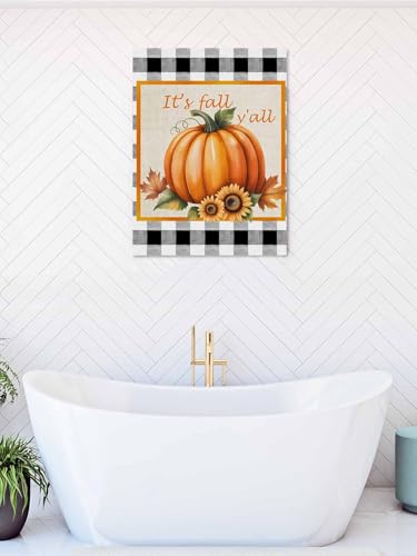 NuYeBiofx Thanksgiving Orange Pumpkin Sunflower Canvas Wall Art Prints,30"x20" Framed Picture Artwork Fall Leaf Buffalo Plaid Printed Canvas Oil Painting for Living Room Bedroom Office,Ready to Hang