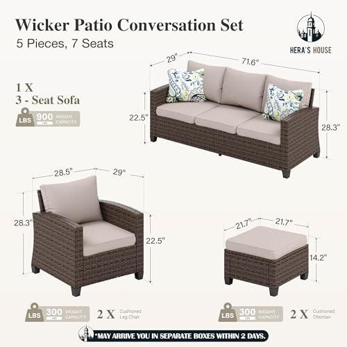 Patio Furniture Set, 5 Pieces Outdoor Wicker Furniture, All Weather Rattan Patio Conversation Set, Deep Seating Outdoor Sofa Sets for Lawn Deck Backyard, Brown/Beige