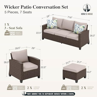 Patio Furniture Set, 5 Pieces Outdoor Wicker Furniture, All Weather Rattan Patio Conversation Set, Deep Seating Outdoor Sofa Sets for Lawn Deck Backyard, Brown/Beige