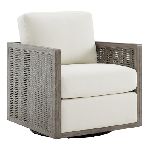 CHITA Rattan Swivel Accent Chair with Wood Frame, Fully Assembled, Cream | Fabric Seat, Rubber Wood and Frame, 29.5"Dx27.6"Wx32.3"H, 350 Lbs Capacity