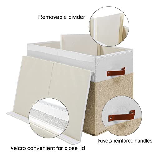 Gowee Large Toy Storage Box with Lid, Sturdy Toys Storage Chest Bin Organizer Basket with Dividers for Kids, Boys, Girls, Nursery, Closet, Bedroom, Playroom 25"x13" x16" (Beige and White)