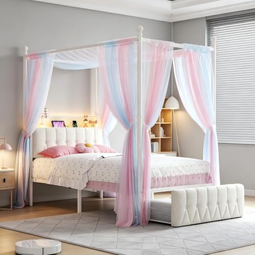 Twin Canopy Bed Frame with Drawers, LED and Charging Station,White, view 7