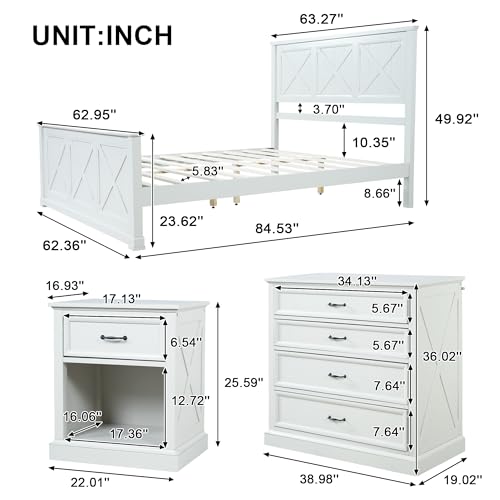4 Piece Bedroom Set, Rustic Queen Size Bedroom Furniture Sets with Storage Nightstands and 1 Dresser, Bedroom Furniture Sets with Wood Platform Bed Frame for Bedroom, White