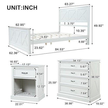 4 Piece Bedroom Set, Rustic Queen Size Bedroom Furniture Sets with Storage Nightstands and 1 Dresser, Bedroom Furniture Sets with Wood Platform Bed Frame for Bedroom, White