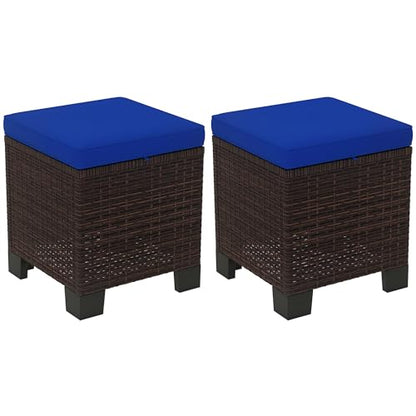 2 Pieces Outdoor Patio Ottomans, All Weather Wicker Footstools with Removable Cushions, 3-in-1 PE Rattan Ottoman Seat, Footrest and Side Table for Backyard, Poolside, Dark Blue