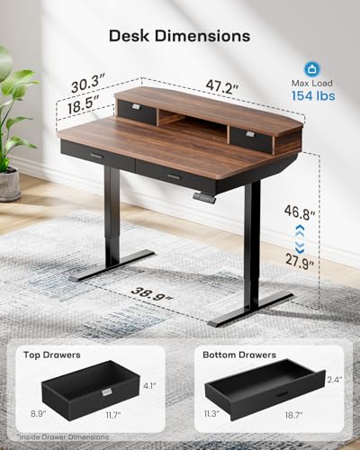 48 x 30 inch Electric Standing Desk with 4 Drawers, Adjustable Height Sit Stand Home Office Desk with Two Tiers, Ergonomic Adjustable Stand up Desk C-Clamp Monitor Mount Compatible, Walnut