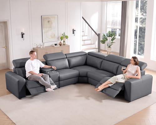 Power Recliner Sectional Sofa with Storage/USB Port, Leather Recliner Sofa with Adjustable Headrest, Reclining Sectional Couches with Console and Cup Holder for Living Room (Gray, 5-Seater)