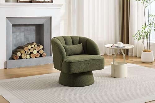 Modern Swivel Barrel Accent Chair, 360° Teddy Fabric Upholstered Armchair with Striped Backrest & Plush Padding, Comfy Round Lounge Chair for Living Room, Bedroom, Reading Nook, Green