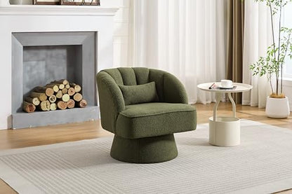 Modern Swivel Barrel Accent Chair, 360° Teddy Fabric Upholstered Armchair with Striped Backrest & Plush Padding, Comfy Round Lounge Chair for Living Room, Bedroom, Reading Nook, Green