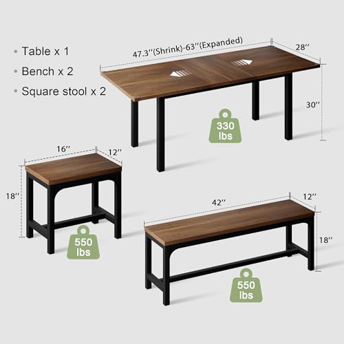 5-Piece Dining Table Set for 4-8 People, 63" Extendable Kitchen Table with 2 Benches and 2 Square Stools, Mid-Century Modern Wooden Dining Room Table, Space-Saving, Walnut