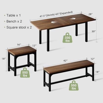 5-Piece Dining Table Set for 4-8 People, 63" Extendable Kitchen Table with 2 Benches and 2 Square Stools, Mid-Century Modern Wooden Dining Room Table, Space-Saving, Walnut