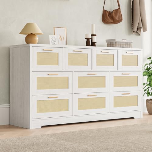 10 Drawer Dresser for Bedroom, 59 in Farmhouse Rattan Dressers & Chests of Drawers, Wooden Storage Organizer with Anti-Tipping Device for Living Room, Hallway, Entryway, White
