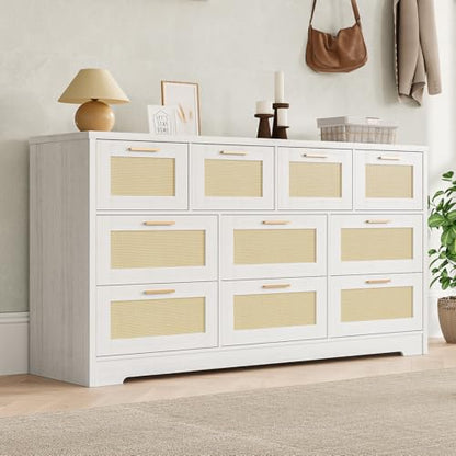 10 Drawer Dresser for Bedroom, 59 in Farmhouse Rattan Dressers & Chests of Drawers, Wooden Storage Organizer with Anti-Tipping Device for Living Room, Hallway, Entryway, White