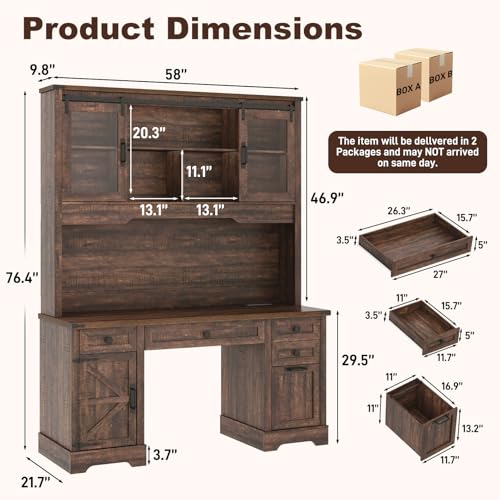 76" Height Farmhouse Desk with Sliding Door Hutch, view 3