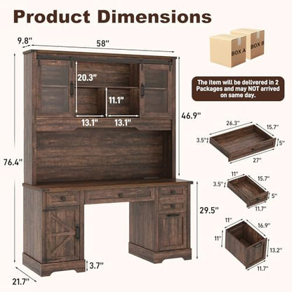 76" Height Farmhouse Desk with Sliding Door Hutch, view 3