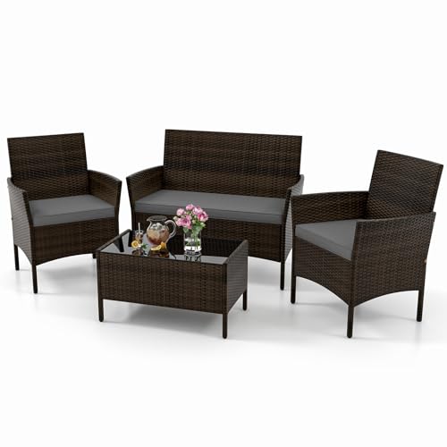 4 Piece Patio Furniture Set, Outdoor Rattan Conversation Set with Loveseat, Wicker Chairs, Tempered Glass Coffee Table, Wicker Patio Set for Backyard, Porch (Grey)