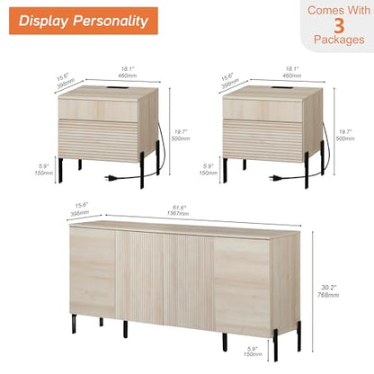 3 Pieces Bedroom Set, Fluted Storage Cabinet and Set of 2 Night Stands with Charging Station for Bedroom, Wood Dresser and Nightstand Set of 2, Wide Storage Organizer Cabinet for Bedroom, Beige