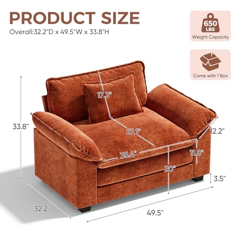 Oversized Accent Chair, 49.5'' W Chenille Cloud Sofa Chair with Deep Seat and Extra Wide Armrests, Comfy Reading Armchair for Bedroom, Living Room, Terracotta Orange
