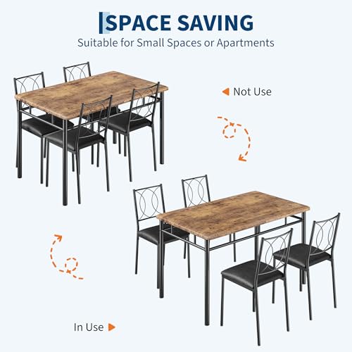 Dining Table Set for 4, Small Kitchen Table with Upholstered Chairs, Farmhouse Wood Dining Table Chairs for Kitchen Room, Small Spaces, Apartment, Brown