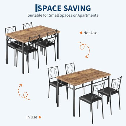 Dining Table Set for 4, Small Kitchen Table with Upholstered Chairs, Farmhouse Wood Dining Table Chairs for Kitchen Room, Small Spaces, Apartment, Brown