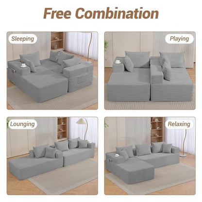 105'' Cloud Sectional Couch, Modular L-Shaped Boneless Sectional Sofa, Corduroy Deep Seat Couch, Small Space Sofas for Living Room Bedroom Apartment, No Assembly, Grey