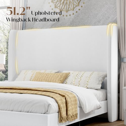 Queen Bed Frame Linen Upholstered 51.2" Tall Headboard, White, view 4